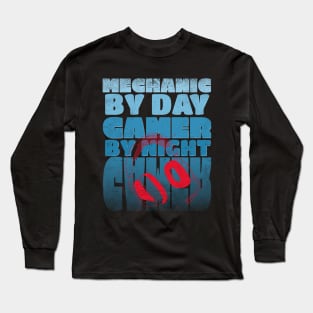 Gaming Quote Mechanic by Day Gamer by night in Blue Text Long Sleeve T-Shirt